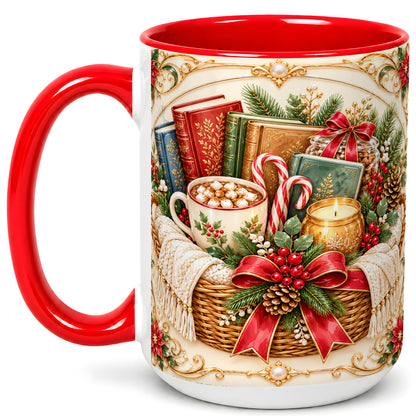 #pl[15oz|Red] Reading Basket Coffee Mug, Christmas Books Mug, Ceramic Cup