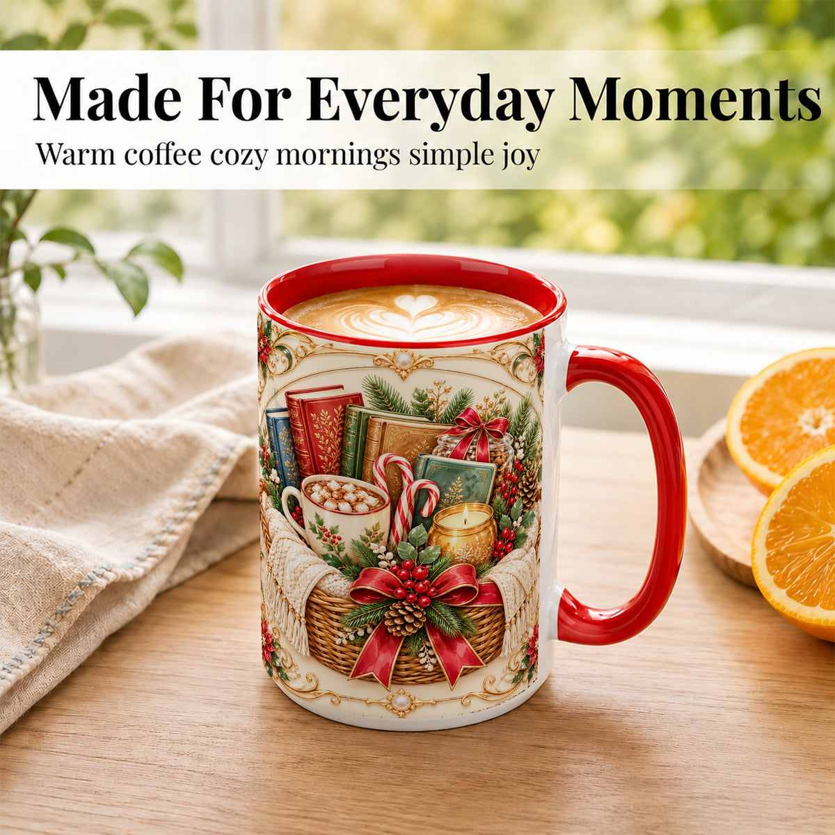 #pl[15oz|Red] Reading Basket Coffee Mug, Christmas Books Mug, Ceramic Cup