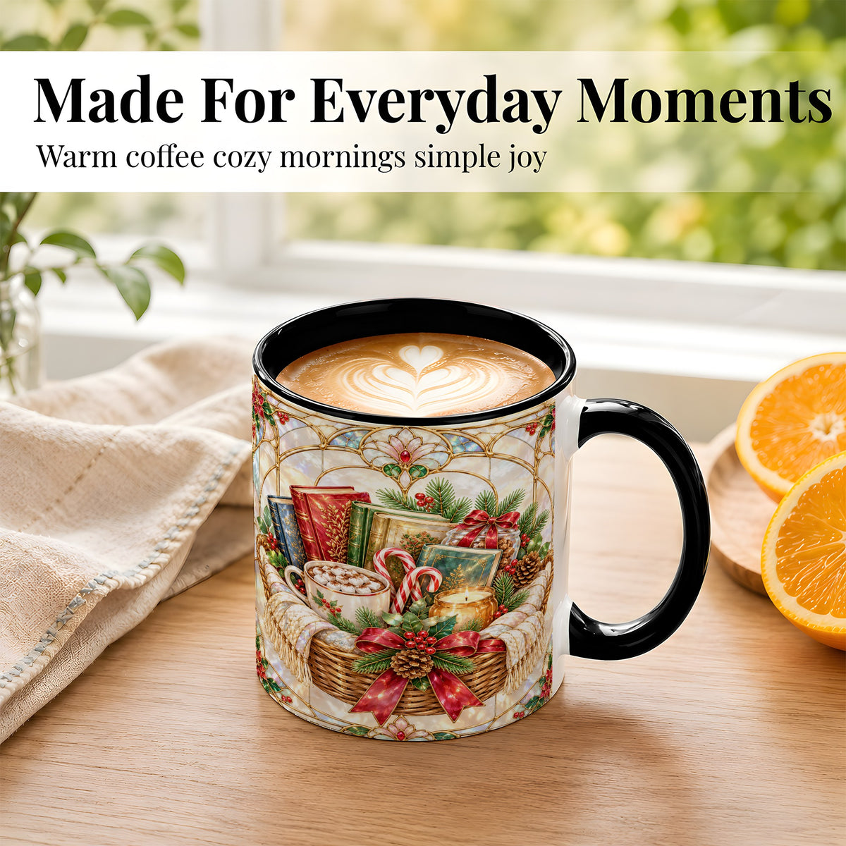 #pl[11oz|Black] Stained Glass Books Coffee Mug, Christmas Reading Mug, Ceramic Cup
