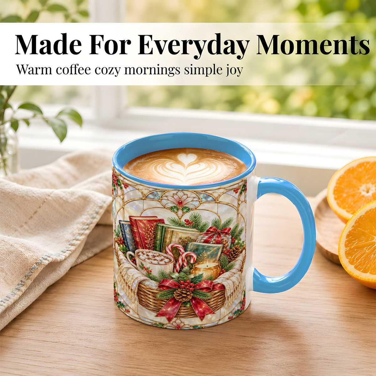 #pl[11oz|Blue] Stained Glass Books Coffee Mug, Christmas Reading Mug, Ceramic Cup