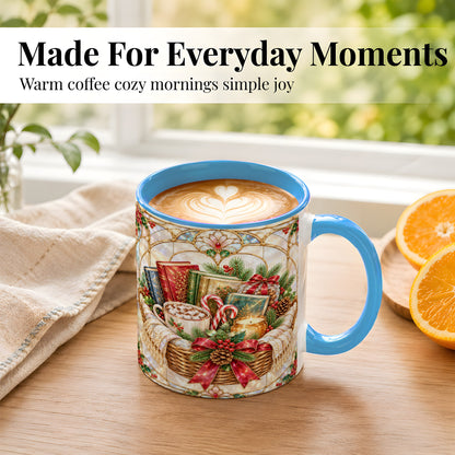 #pl[11oz|Blue] Stained Glass Books Coffee Mug, Christmas Reading Mug, Ceramic Cup