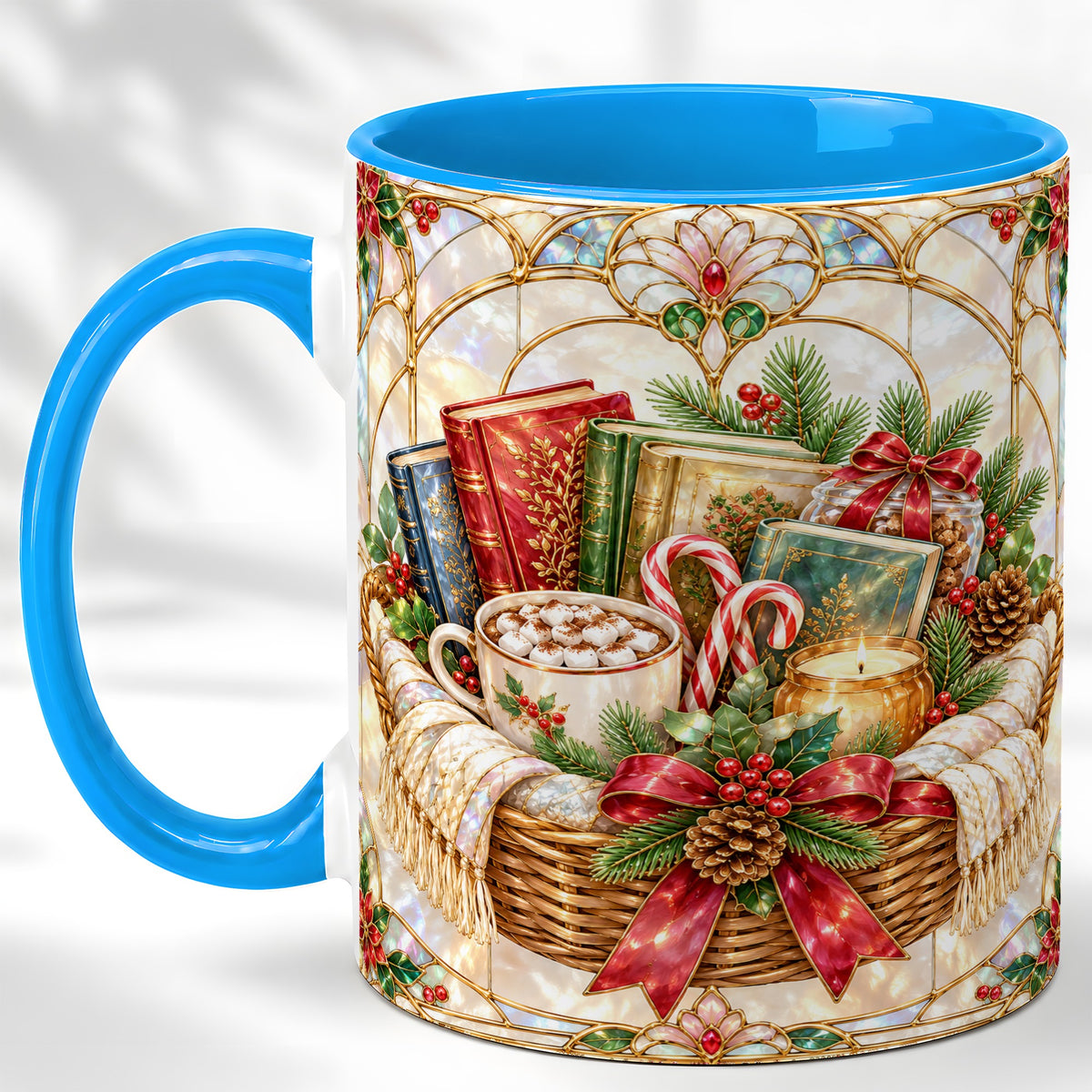 #pl[11oz|Blue] Stained Glass Books Coffee Mug, Christmas Reading Mug, Ceramic Cup