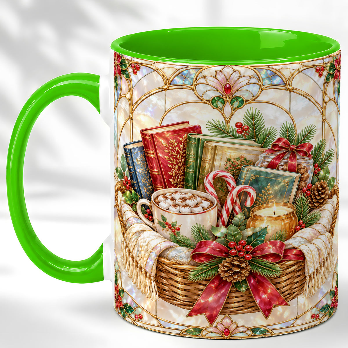 #pl[11oz|Green] Stained Glass Books Coffee Mug, Christmas Reading Mug, Ceramic Cup