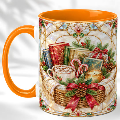 #pl[11oz|Orange] Stained Glass Books Coffee Mug, Christmas Reading Mug, Ceramic Cup