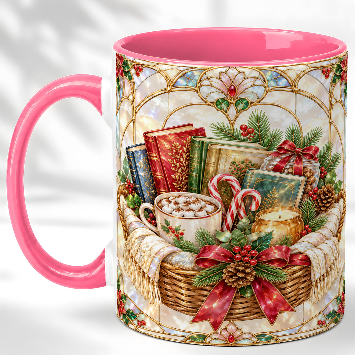 #pl[11oz|Pink] Stained Glass Books Coffee Mug, Christmas Reading Mug, Ceramic Cup