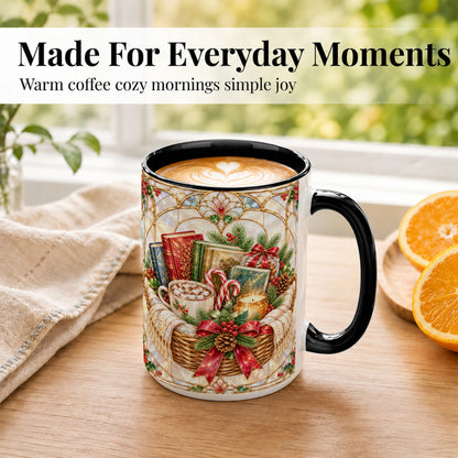 #pl[15oz|Black] Stained Glass Books Coffee Mug, Christmas Reading Mug, Ceramic Cup