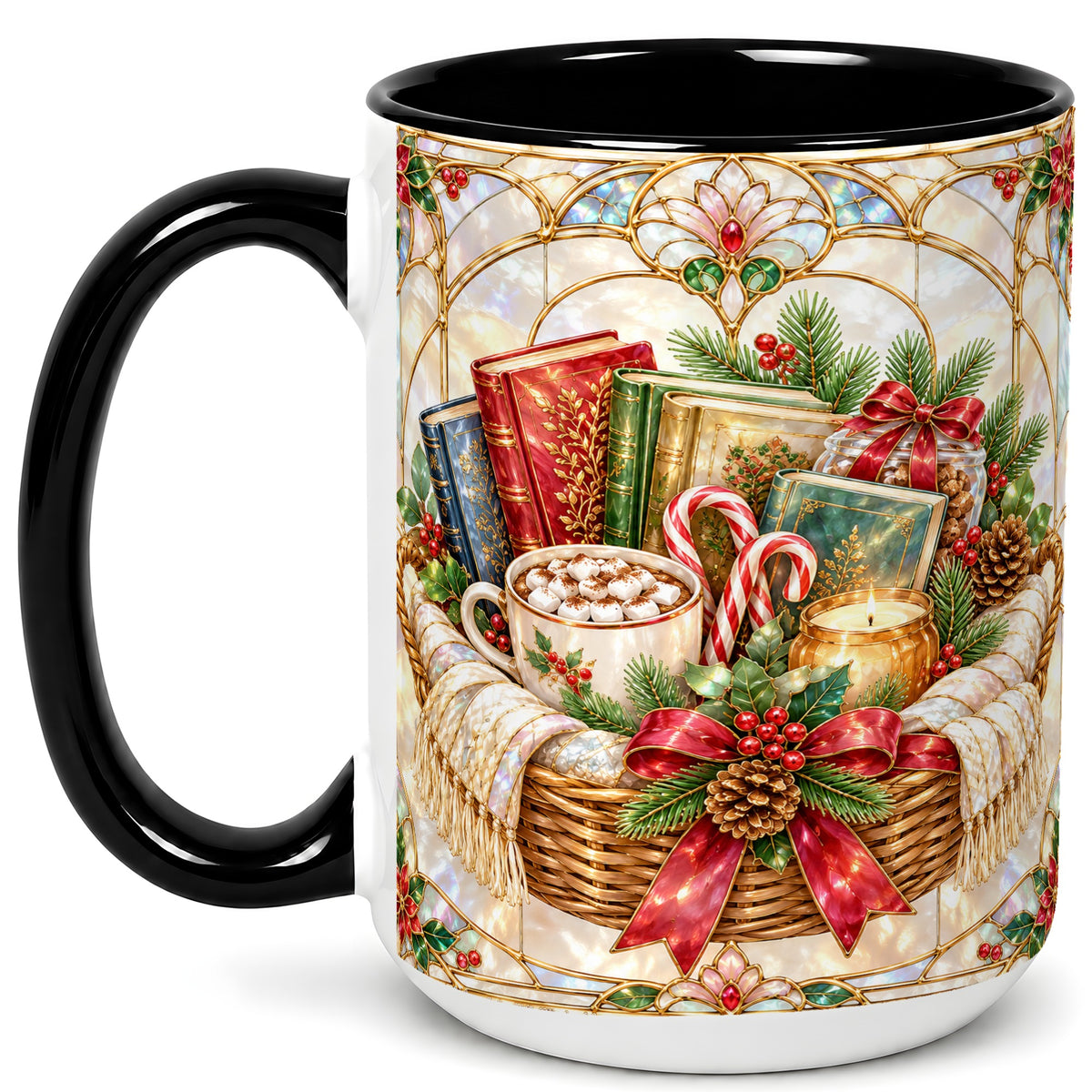 #pl[15oz|Black] Stained Glass Books Coffee Mug, Christmas Reading Mug, Ceramic Cup