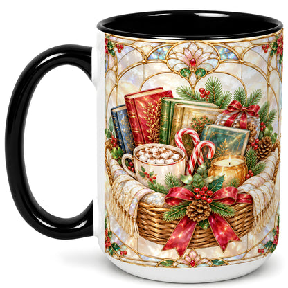 #pl[15oz|Black] Stained Glass Books Coffee Mug, Christmas Reading Mug, Ceramic Cup