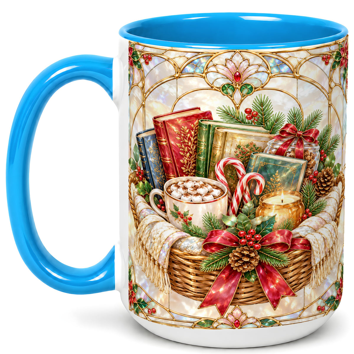 #pl[15oz|Blue] Stained Glass Books Coffee Mug, Christmas Reading Mug, Ceramic Cup