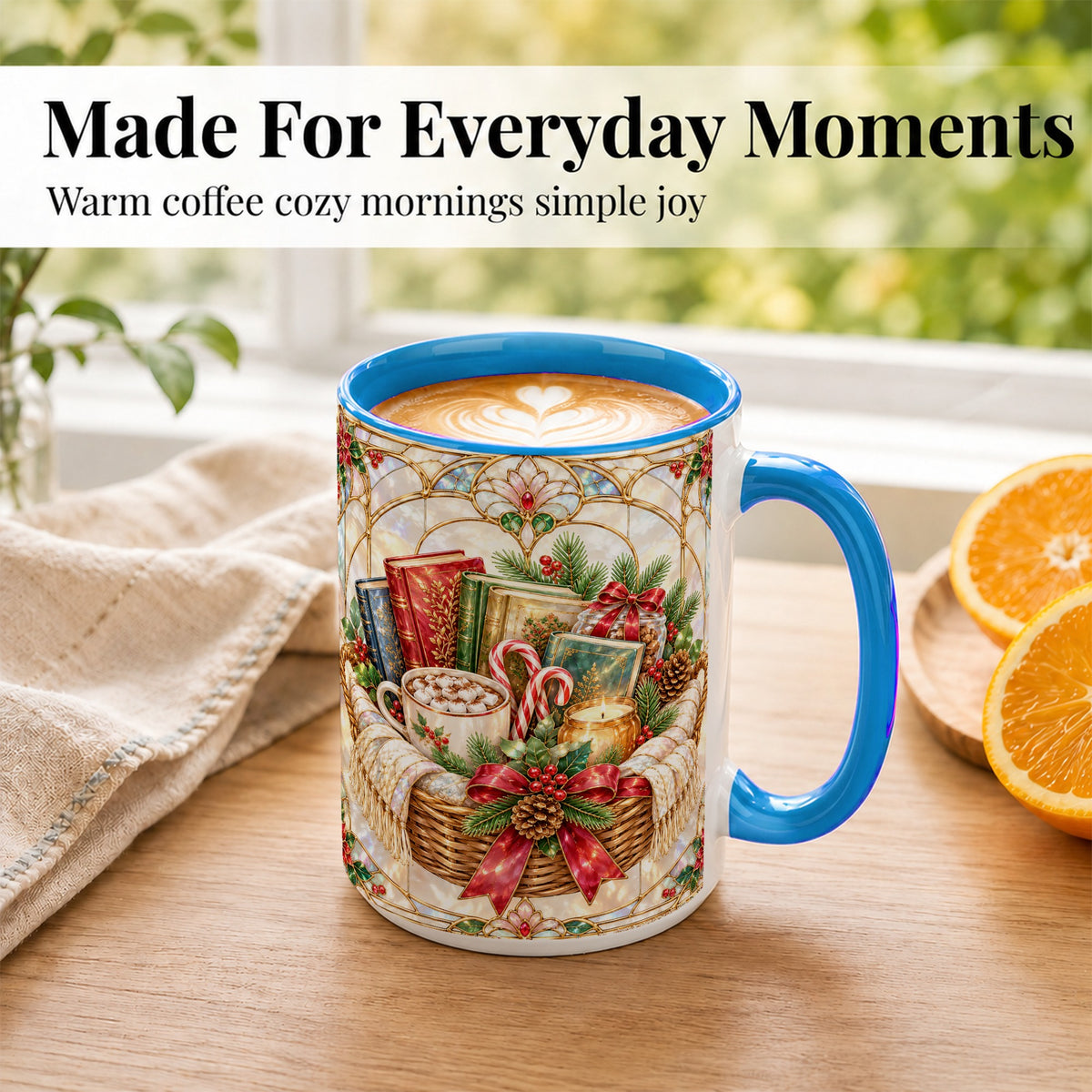 #pl[15oz|Blue] Stained Glass Books Coffee Mug, Christmas Reading Mug, Ceramic Cup