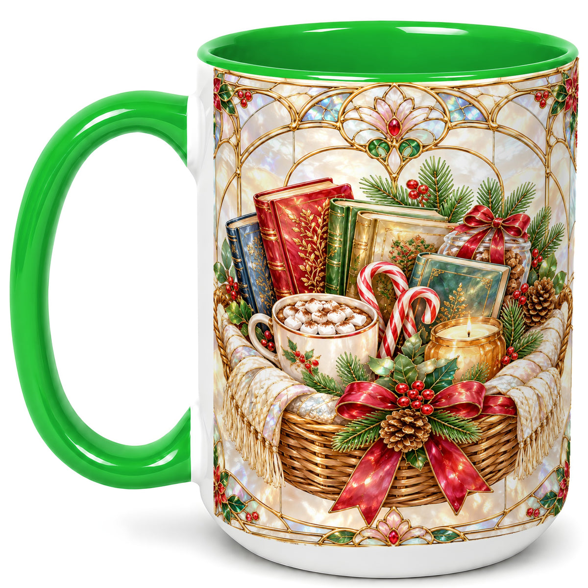 #pl[15oz|Green] Stained Glass Books Coffee Mug, Christmas Reading Mug, Ceramic Cup