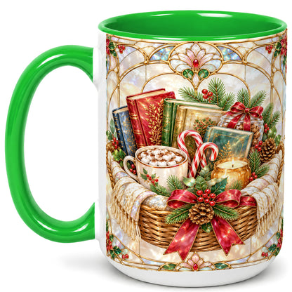 #pl[15oz|Green] Stained Glass Books Coffee Mug, Christmas Reading Mug, Ceramic Cup