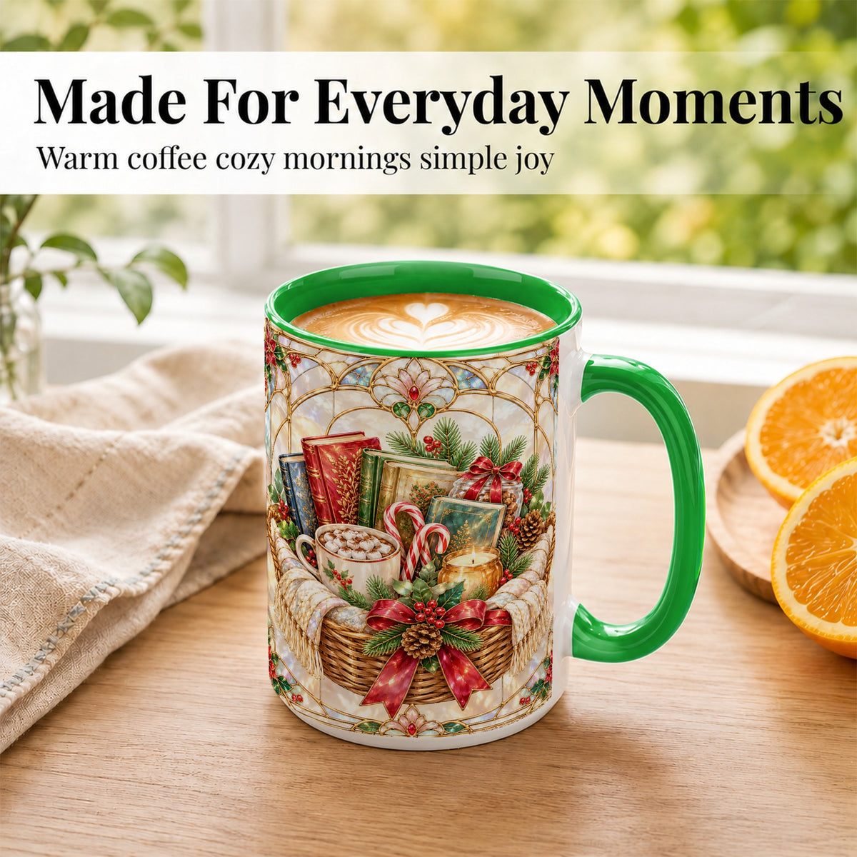 #pl[15oz|Green] Stained Glass Books Coffee Mug, Christmas Reading Mug, Ceramic Cup