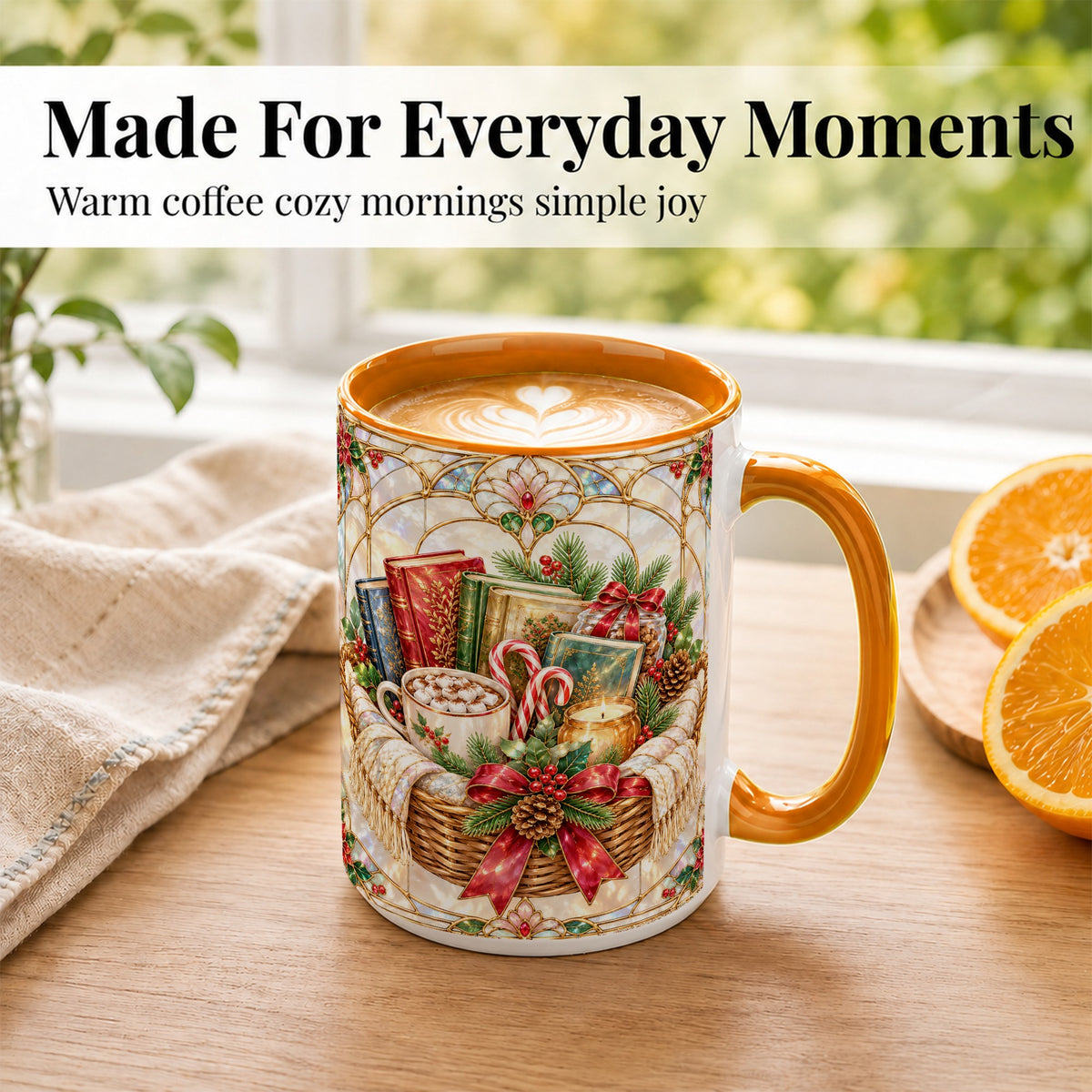 #pl[15oz|Orange] Stained Glass Books Coffee Mug, Christmas Reading Mug, Ceramic Cup
