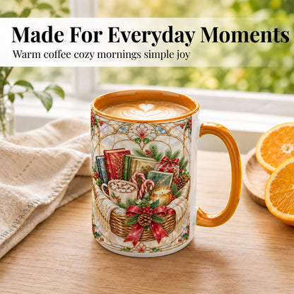 #pl[15oz|Orange] Stained Glass Books Coffee Mug, Christmas Reading Mug, Ceramic Cup