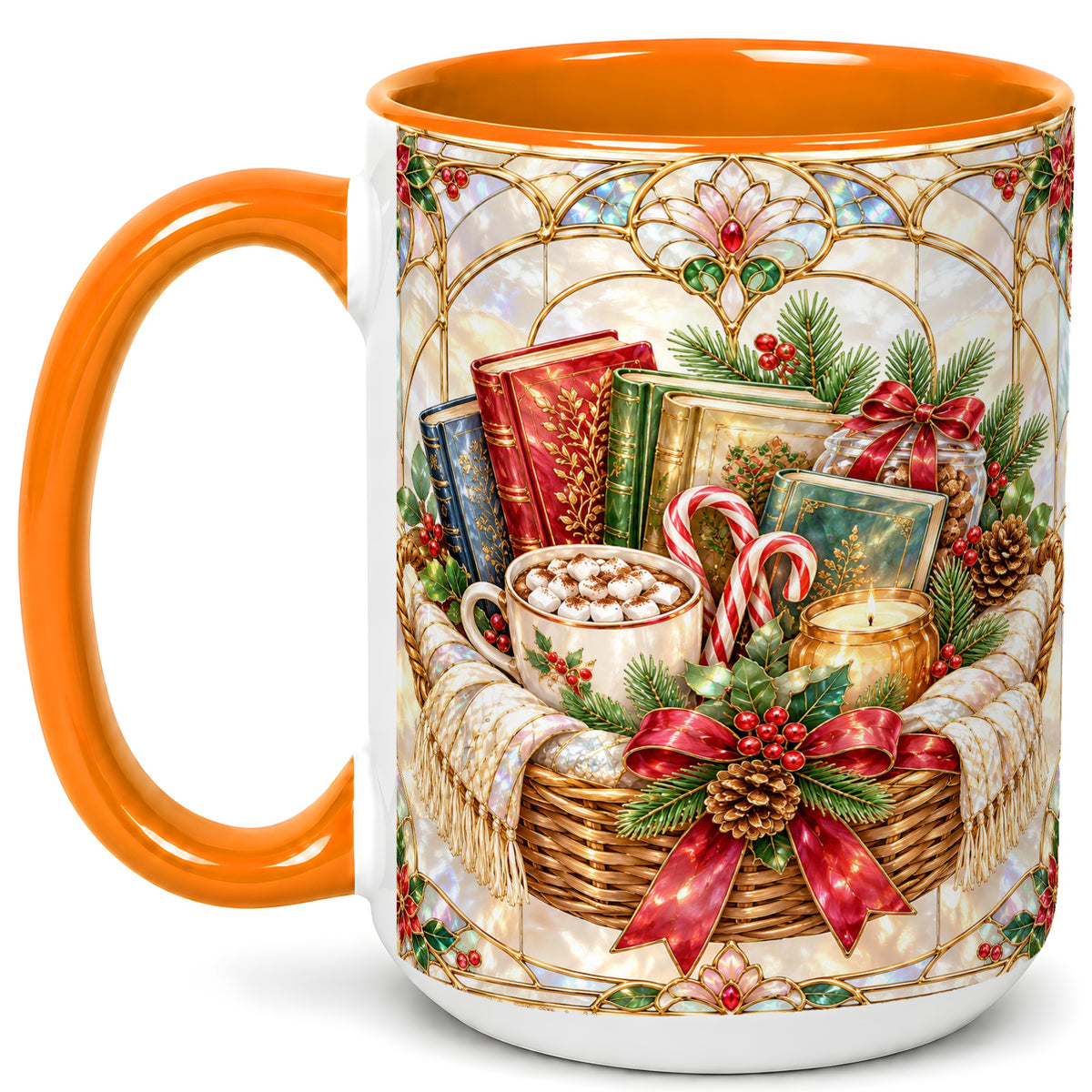 #pl[15oz|Orange] Stained Glass Books Coffee Mug, Christmas Reading Mug, Ceramic Cup