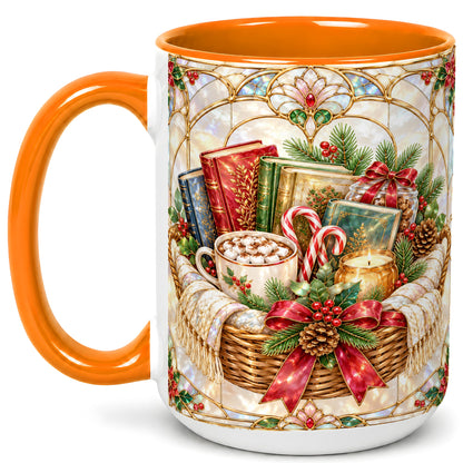 #pl[15oz|Orange] Stained Glass Books Coffee Mug, Christmas Reading Mug, Ceramic Cup