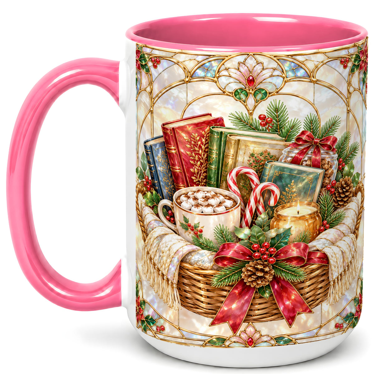 #pl[15oz|Pink] Stained Glass Books Coffee Mug, Christmas Reading Mug, Ceramic Cup