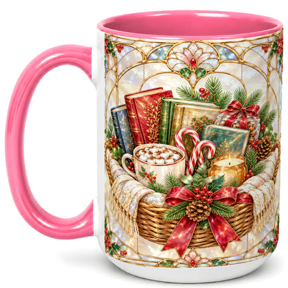#pl[15oz|Pink] Stained Glass Books Coffee Mug, Christmas Reading Mug, Ceramic Cup