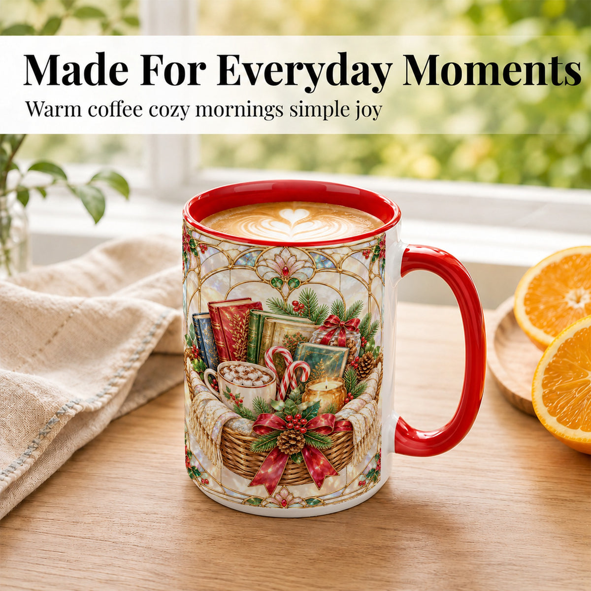 #pl[15oz|Red] Stained Glass Books Coffee Mug, Christmas Reading Mug, Ceramic Cup