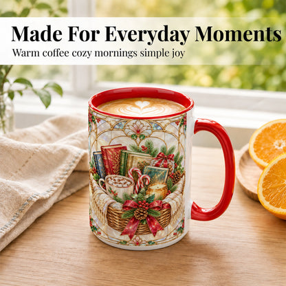 #pl[15oz|Red] Stained Glass Books Coffee Mug, Christmas Reading Mug, Ceramic Cup