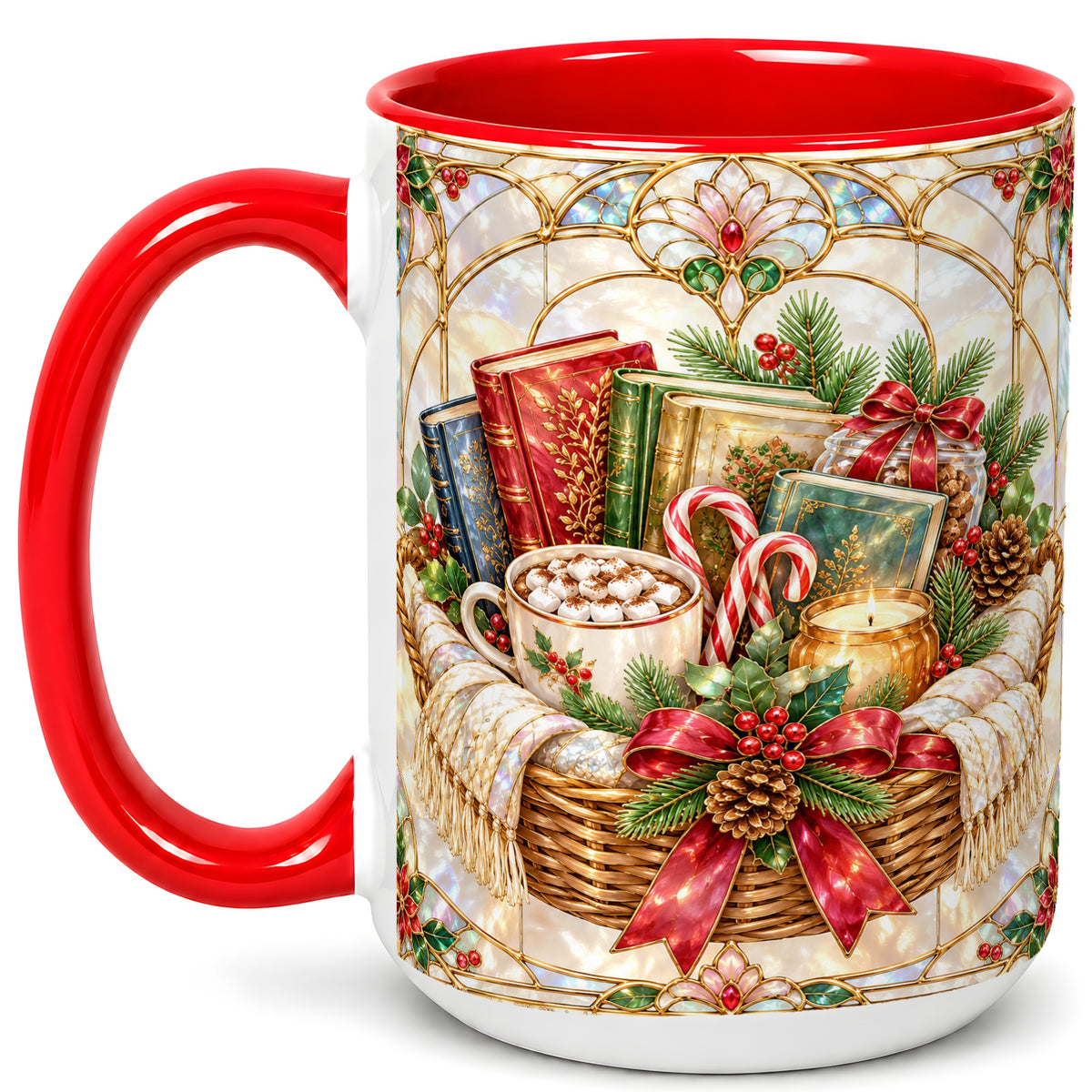 #pl[15oz|Red] Stained Glass Books Coffee Mug, Christmas Reading Mug, Ceramic Cup