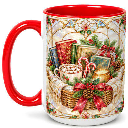 #pl[15oz|Red] Stained Glass Books Coffee Mug, Christmas Reading Mug, Ceramic Cup