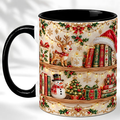 #pl[11oz|Black] Holiday Bookshelf Coffee Mug, Christmas Reading Mug, Ceramic Cup