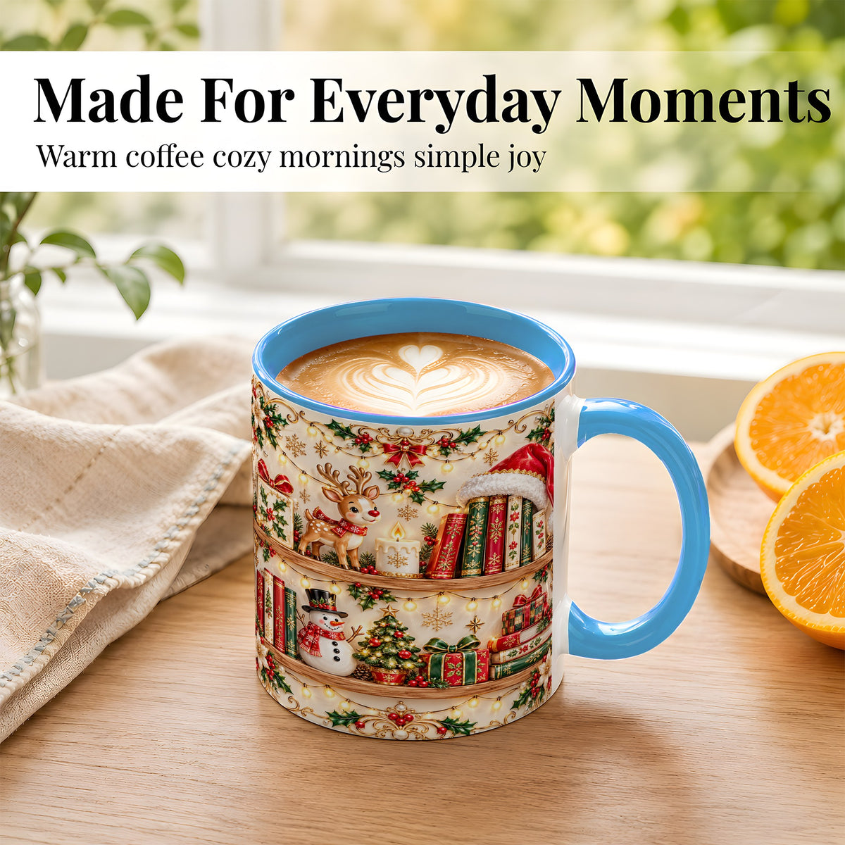 #pl[11oz|Blue] Holiday Bookshelf Coffee Mug, Christmas Reading Mug, Ceramic Cup