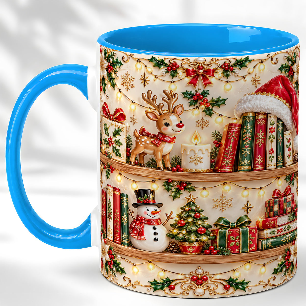 #pl[11oz|Blue] Holiday Bookshelf Coffee Mug, Christmas Reading Mug, Ceramic Cup