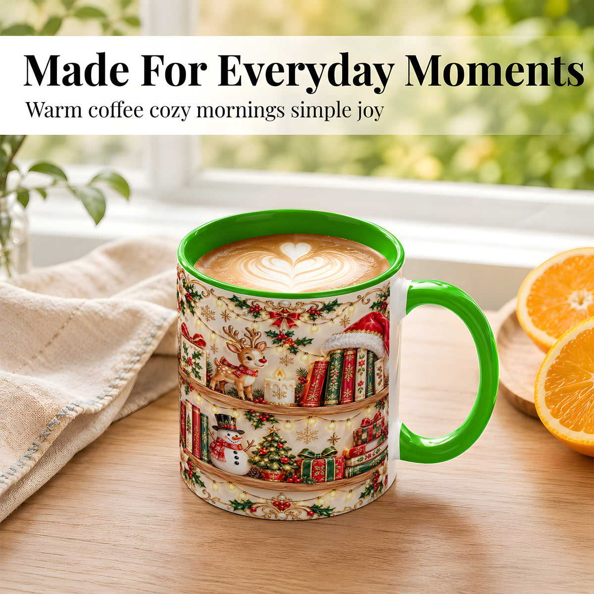 #pl[11oz|Green] Holiday Bookshelf Coffee Mug, Christmas Reading Mug, Ceramic Cup