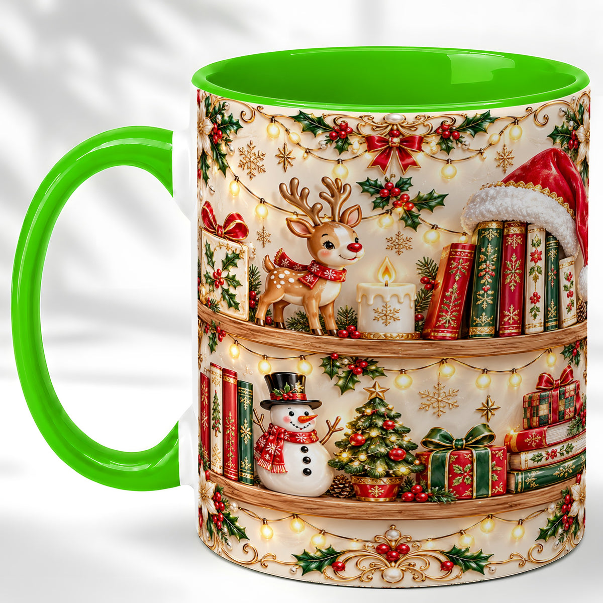#pl[11oz|Green] Holiday Bookshelf Coffee Mug, Christmas Reading Mug, Ceramic Cup