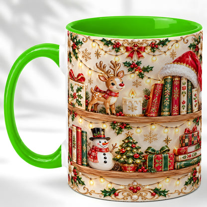#pl[11oz|Green] Holiday Bookshelf Coffee Mug, Christmas Reading Mug, Ceramic Cup