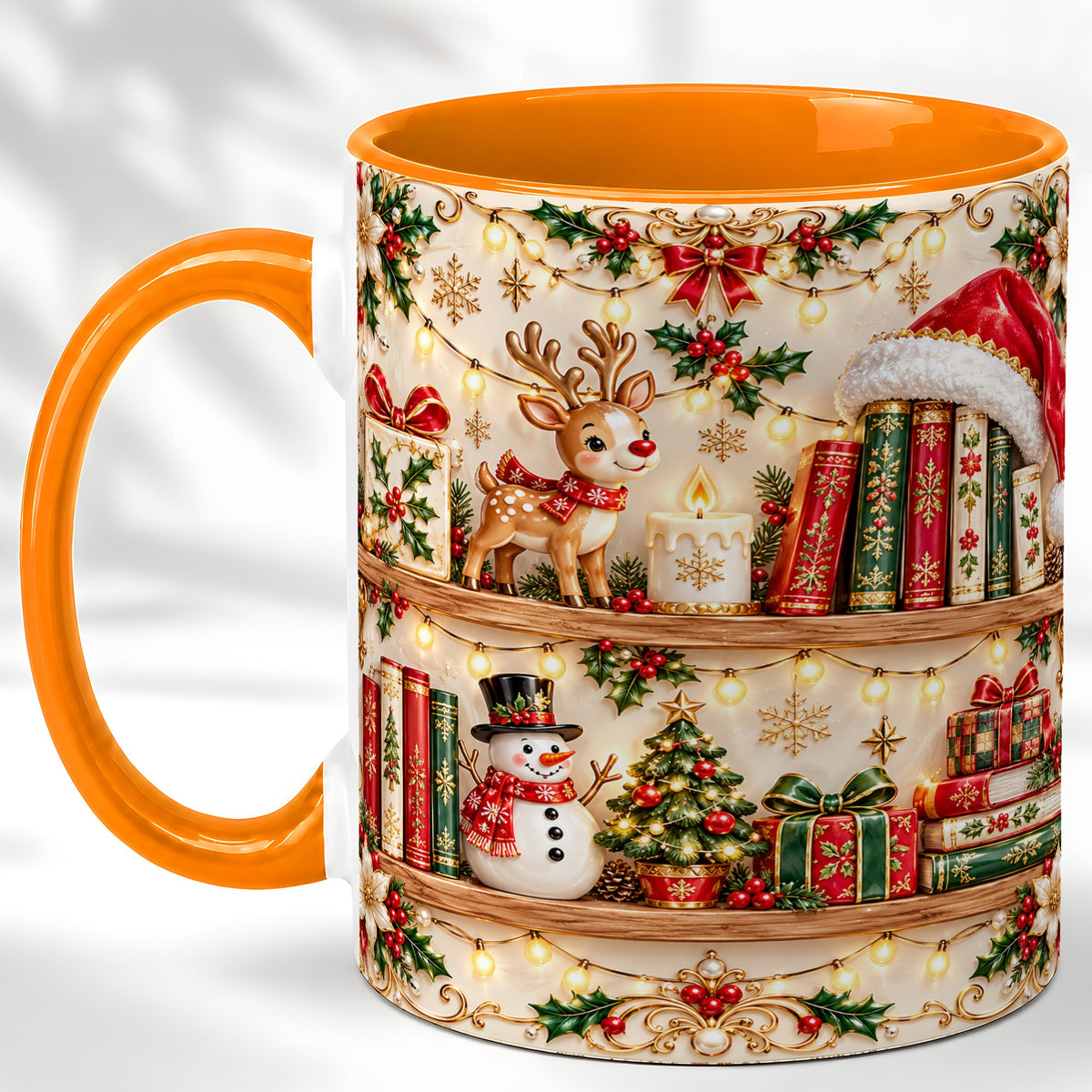 #pl[11oz|Orange] Holiday Bookshelf Coffee Mug, Christmas Reading Mug, Ceramic Cup