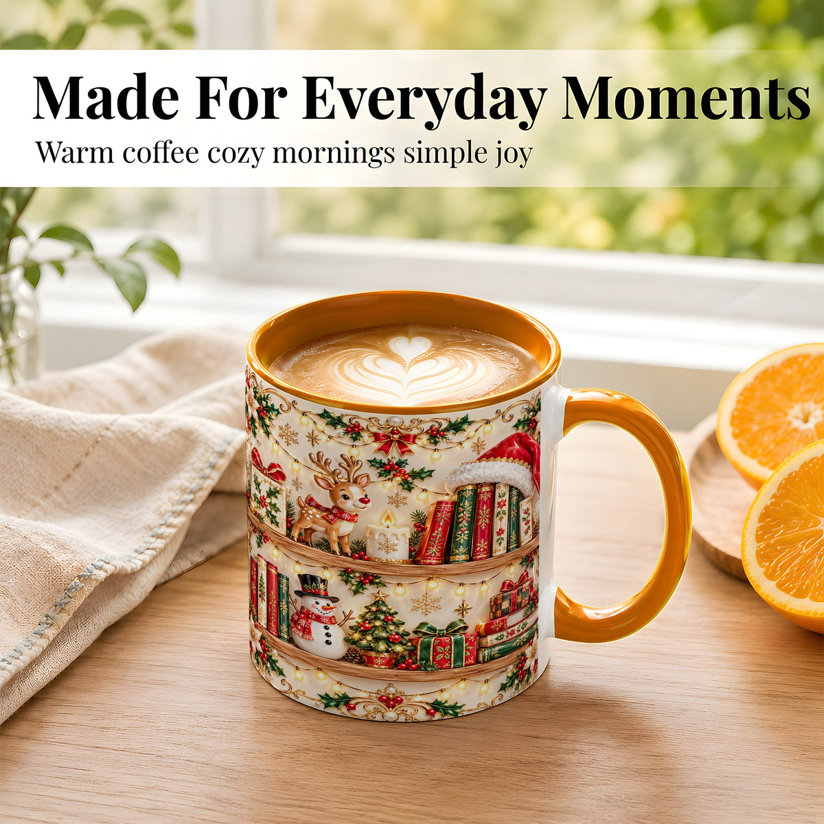 #pl[11oz|Orange] Holiday Bookshelf Coffee Mug, Christmas Reading Mug, Ceramic Cup