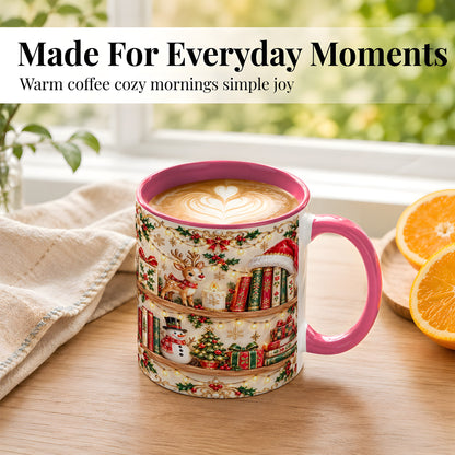 #pl[11oz|Pink] Holiday Bookshelf Coffee Mug, Christmas Reading Mug, Ceramic Cup