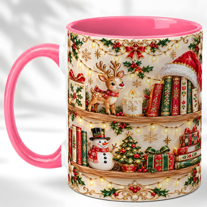 #pl[11oz|Pink] Holiday Bookshelf Coffee Mug, Christmas Reading Mug, Ceramic Cup