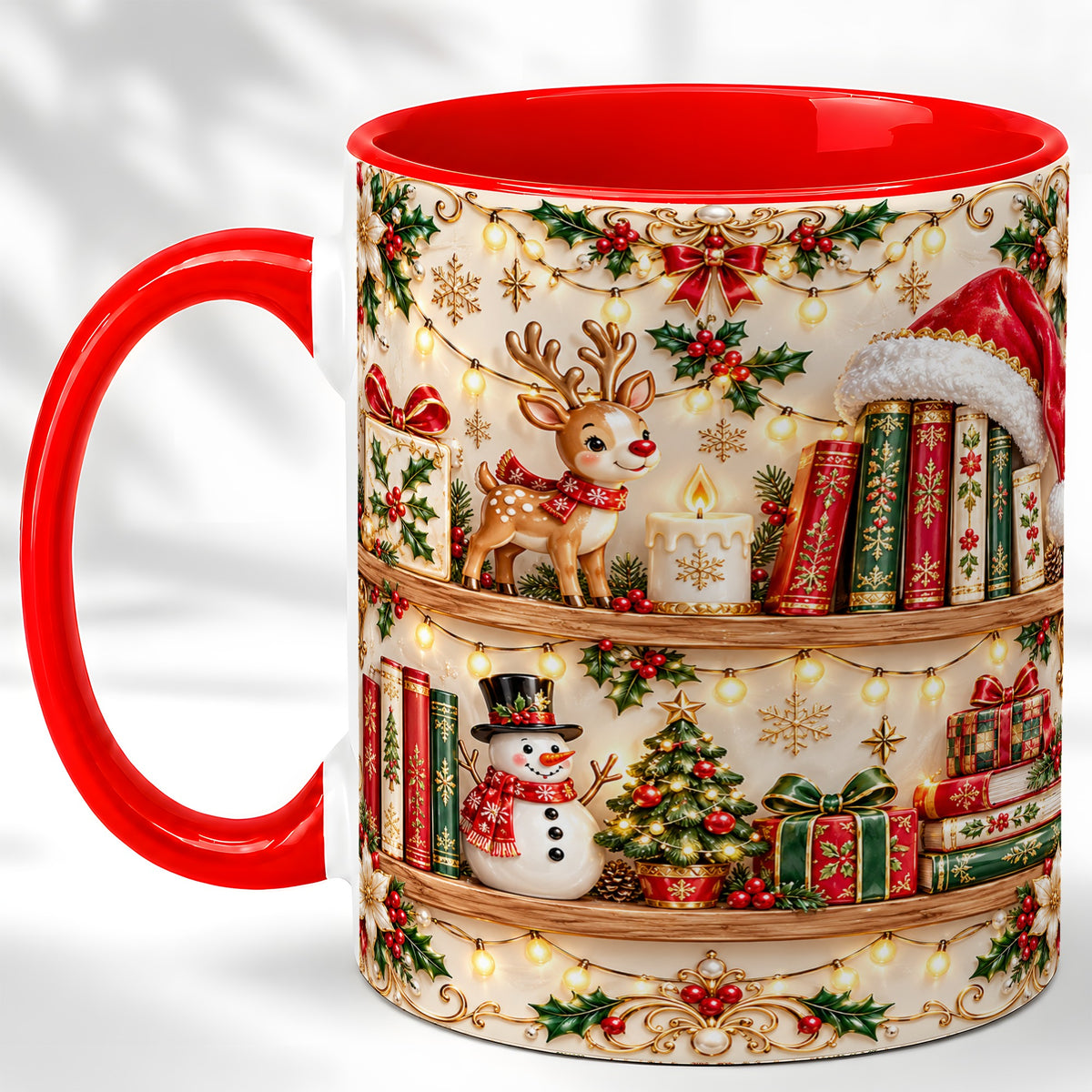 Holiday Bookshelf Coffee Mug, Christmas Reading Mug, Ceramic Cup