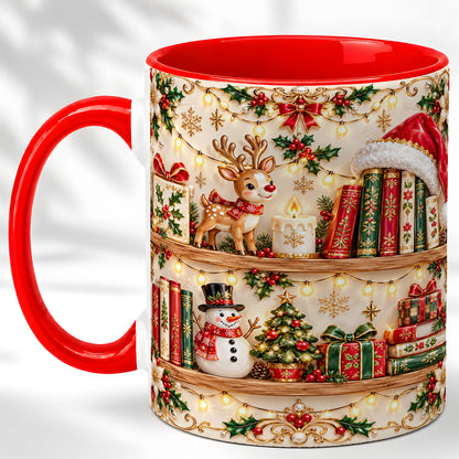 Holiday Bookshelf Coffee Mug, Christmas Reading Mug, Ceramic Cup