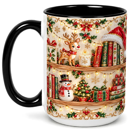 #pl[15oz|Black] Holiday Bookshelf Coffee Mug, Christmas Reading Mug, Ceramic Cup