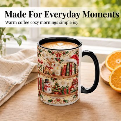 #pl[15oz|Black] Holiday Bookshelf Coffee Mug, Christmas Reading Mug, Ceramic Cup