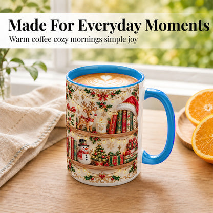 #pl[15oz|Blue] Holiday Bookshelf Coffee Mug, Christmas Reading Mug, Ceramic Cup