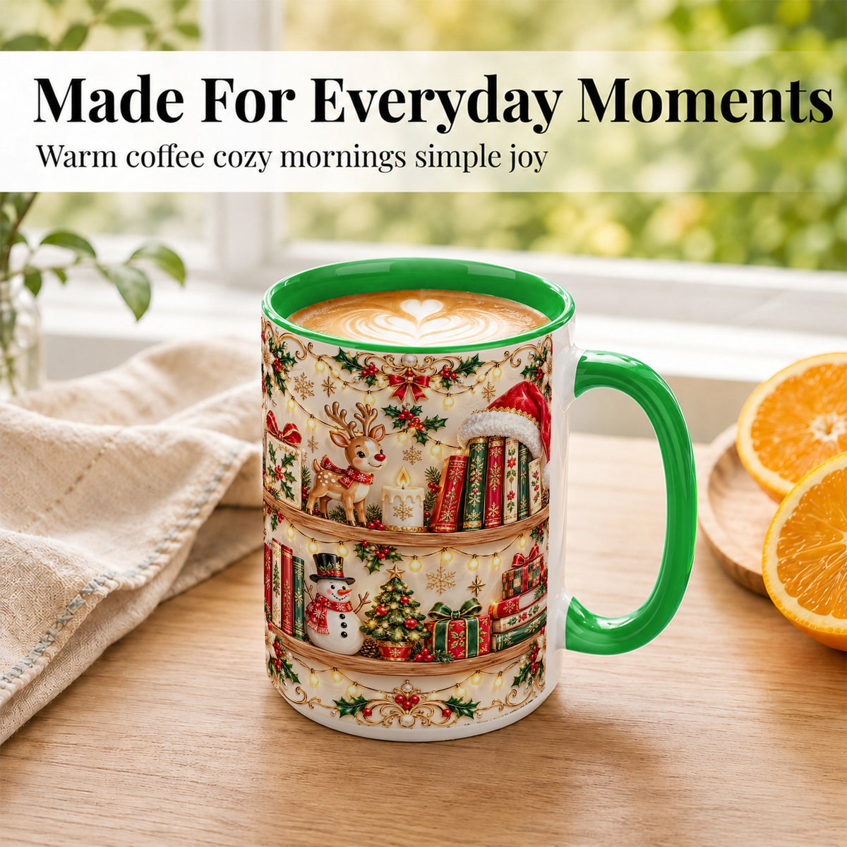 #pl[15oz|Green] Holiday Bookshelf Coffee Mug, Christmas Reading Mug, Ceramic Cup