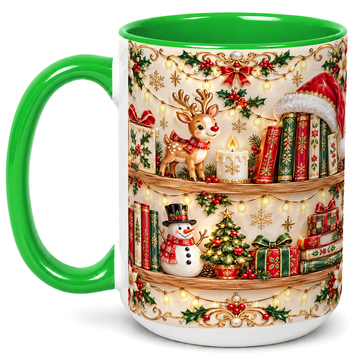 #pl[15oz|Green] Holiday Bookshelf Coffee Mug, Christmas Reading Mug, Ceramic Cup