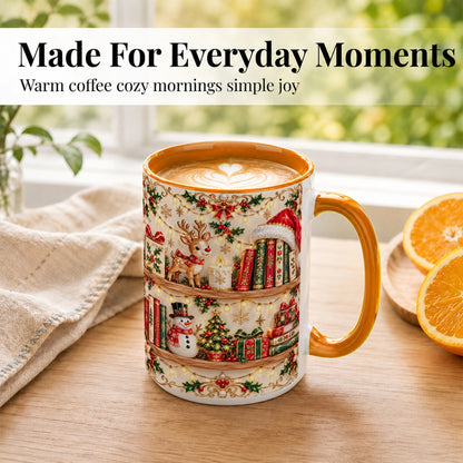 #pl[15oz|Orange] Holiday Bookshelf Coffee Mug, Christmas Reading Mug, Ceramic Cup