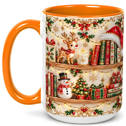 #pl[15oz|Orange] Holiday Bookshelf Coffee Mug, Christmas Reading Mug, Ceramic Cup