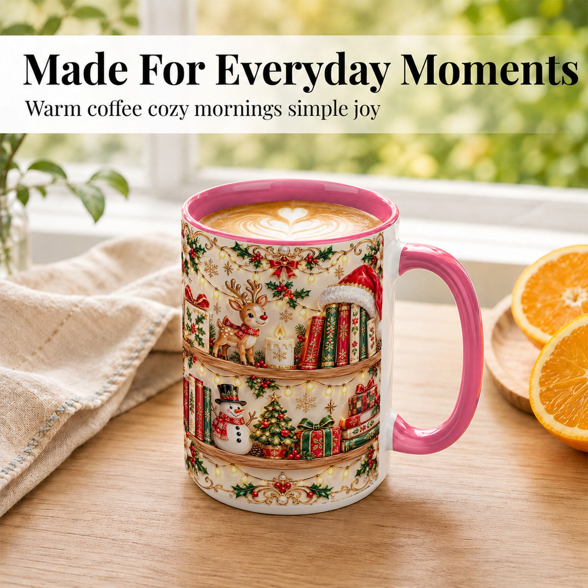 #pl[15oz|Pink] Holiday Bookshelf Coffee Mug, Christmas Reading Mug, Ceramic Cup