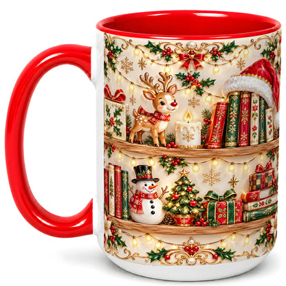 #pl[15oz|Red] Holiday Bookshelf Coffee Mug, Christmas Reading Mug, Ceramic Cup