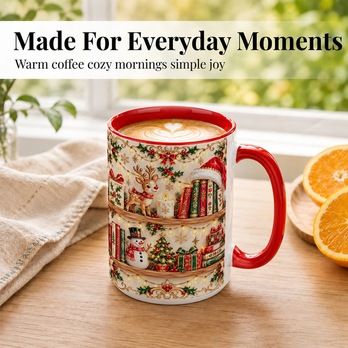 #pl[15oz|Red] Holiday Bookshelf Coffee Mug, Christmas Reading Mug, Ceramic Cup
