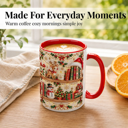 #pl[15oz|Red] Holiday Bookshelf Coffee Mug, Christmas Reading Mug, Ceramic Cup